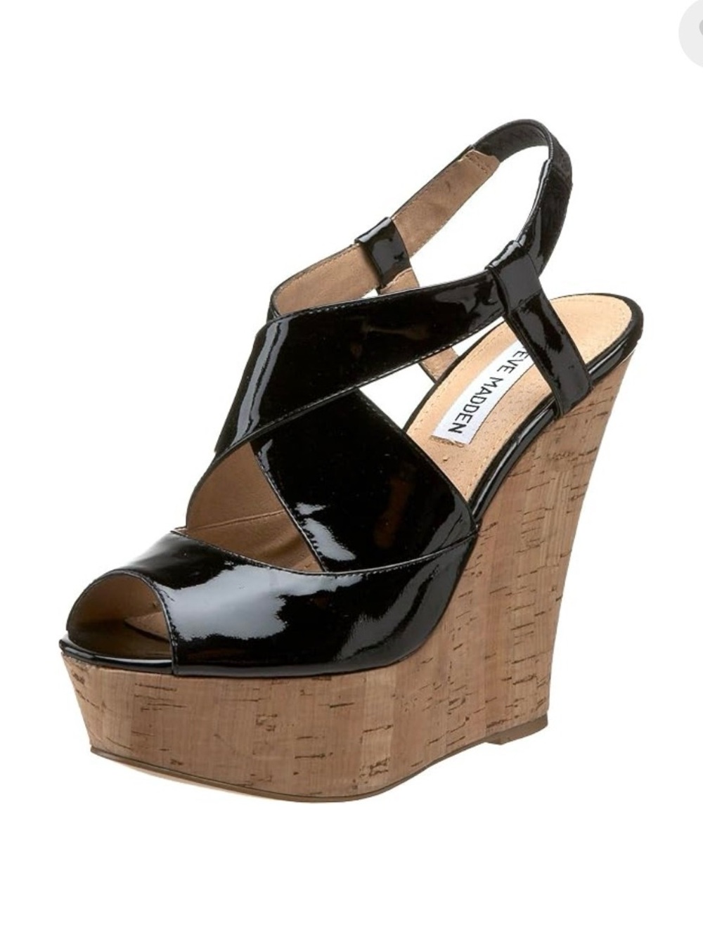 Steve Madden Black Patent Cork Wedge Sandals - Crisscross Slingback